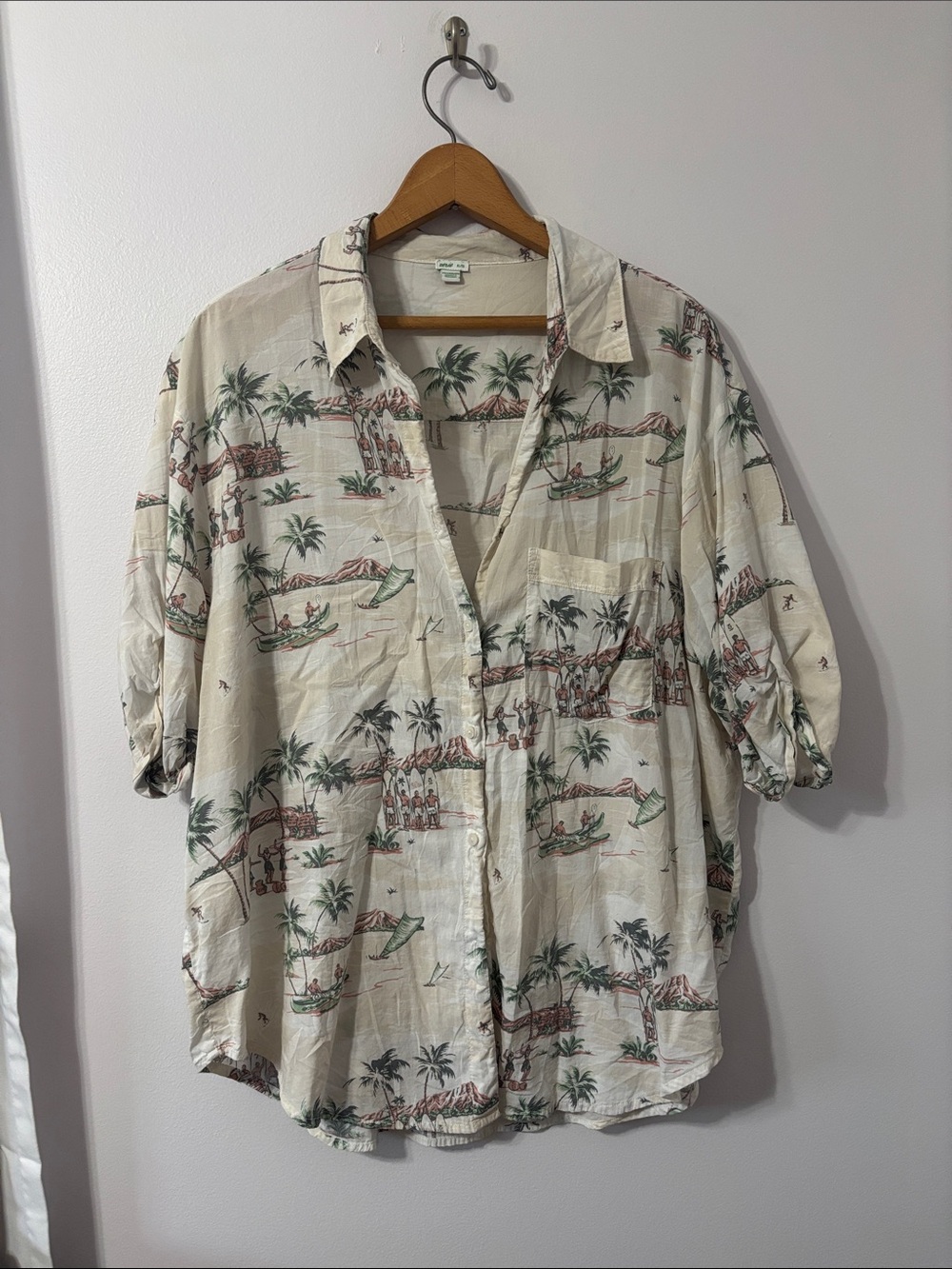 aerie Cream Tropical Print Short Sleeve Button-Down Shirt - Oversized Fit